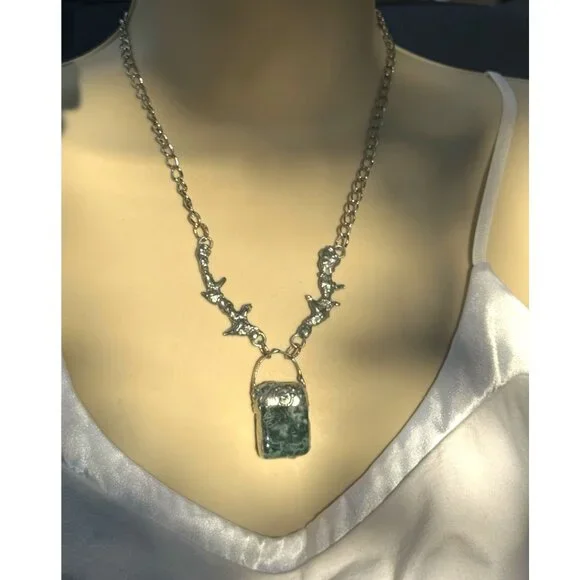 Moss Agate Pendant & Thorn Necklace Crafted with Silver Blend Boho Metalwork - Picture 4 of 16